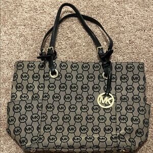 Michael Kors Tan and Black Signature MK Tote with Gold Charm